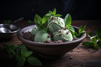 Frozen mint ice summer ball dessert cream refreshing food green homemade cold delicious bowl dairy leaf white fresh sweet